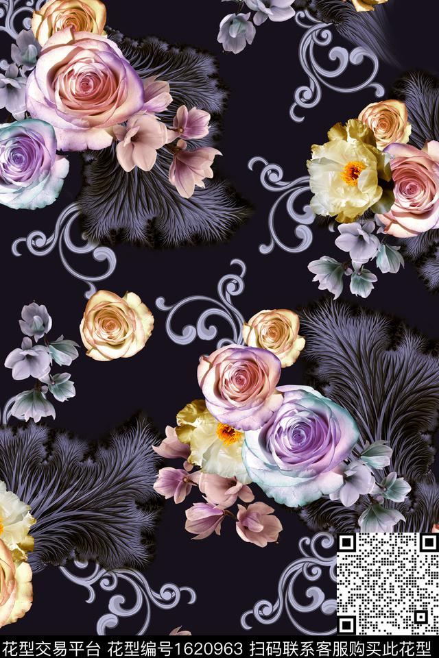 花卉中老年黑底花卉数码印花花型下载（图片编号: 1620963） - 瓦栏（Walan）