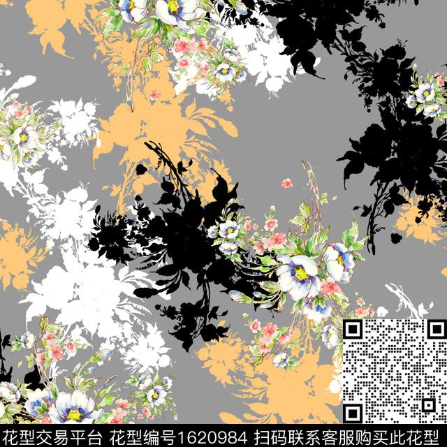花卉剪影满版散花数码印花花型下载（图片编号: 1620984） - 瓦栏（Walan）