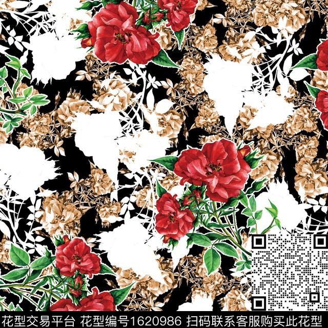 花卉黑底花卉影花数码印花花型下载（图片编号: 1620986） - 瓦栏（Walan）