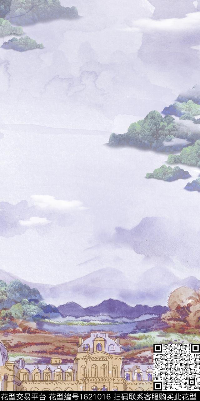 水彩花卉风景定位宫廷风数码印花花型下载（图片编号: 1621016） - 瓦栏（Walan）
