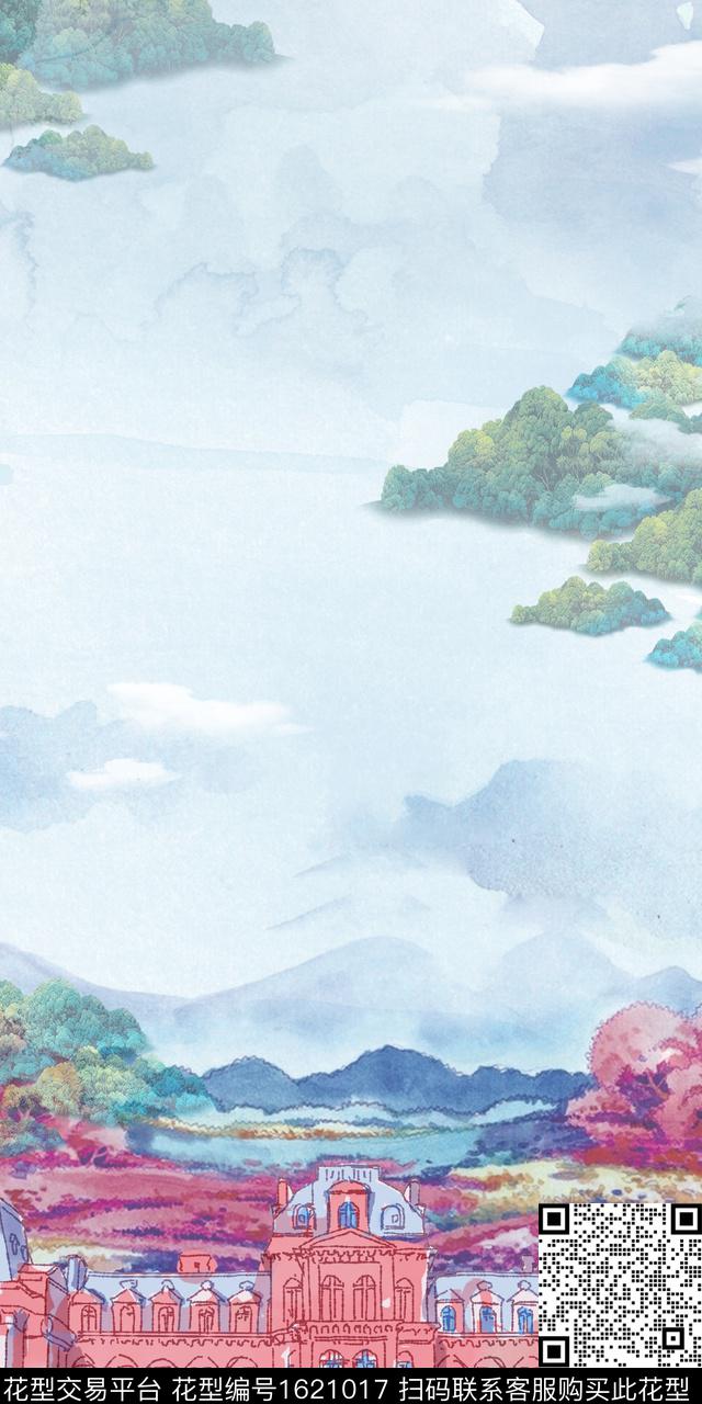 水彩花卉建筑数码印花花型下载（图片编号: 1621017） - 瓦栏（Walan）