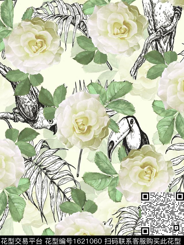 水彩花卉月季花花鸟数码印花花型下载（图片编号: 1621060） - 瓦栏（Walan）