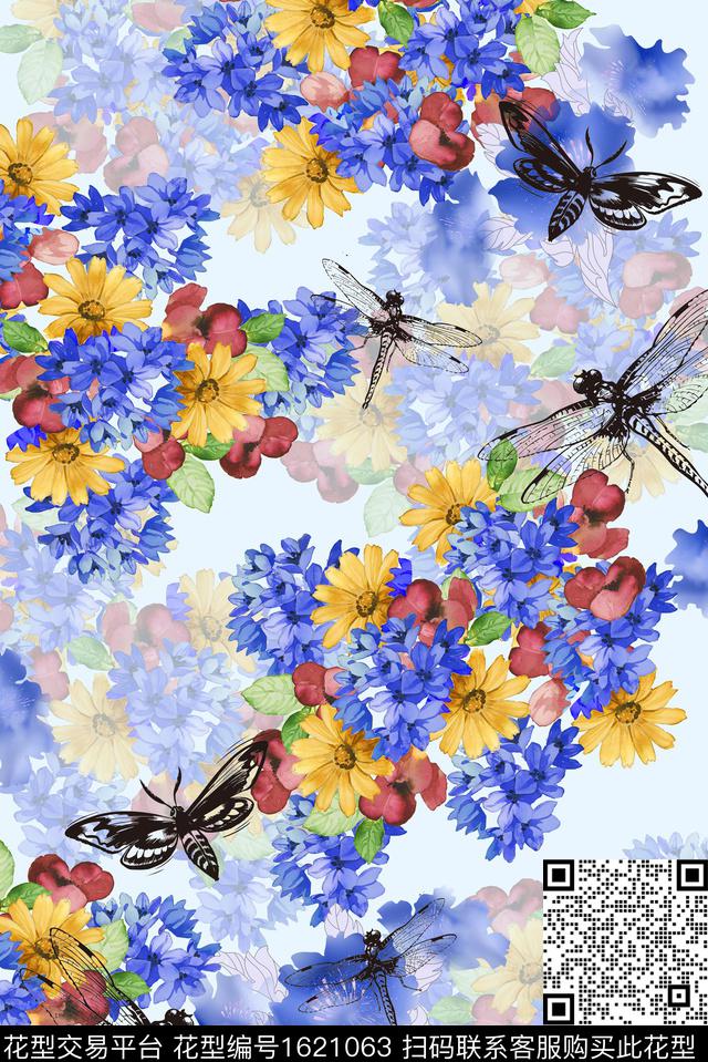 蜻蜓小碎花水彩花卉数码印花花型下载（图片编号: 1621063） - 瓦栏（Walan）