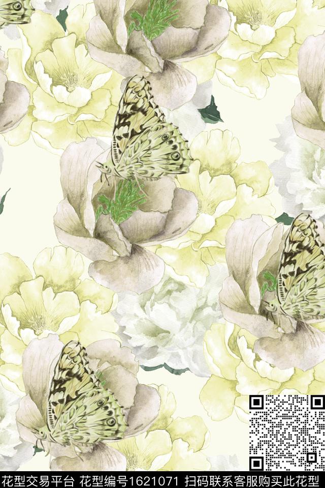 大花蝴蝶水彩花卉数码印花花型下载（图片编号: 1621071） - 瓦栏（Walan）