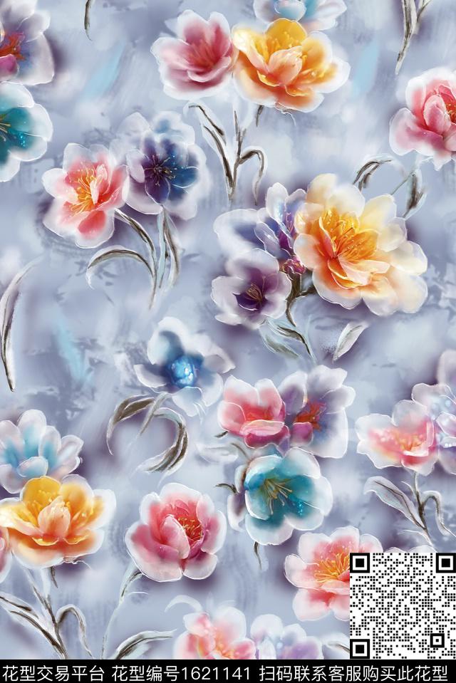 花卉模糊花卉数码印花花型下载（图片编号: 1621141） - 瓦栏（Walan）