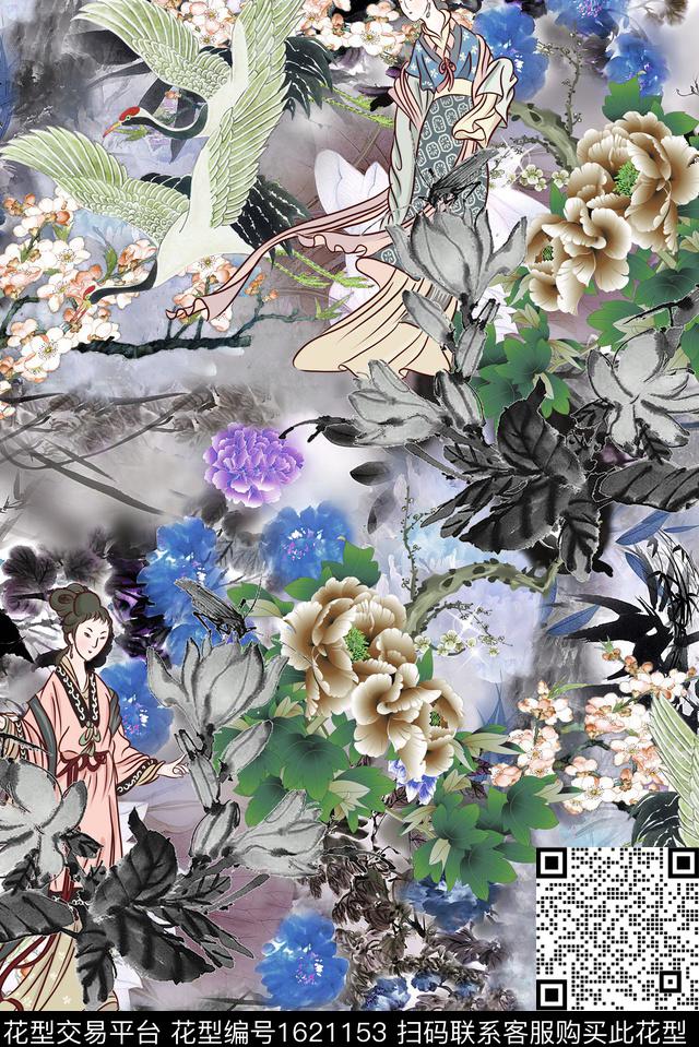梅花仙鹤水墨风数码印花花型下载（图片编号: 1621153） - 瓦栏（Walan）