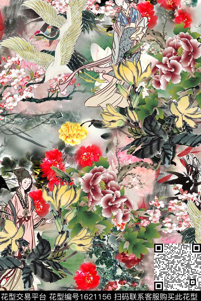 梅花仙鹤牡丹数码印花花型下载（图片编号: 1621156） - 瓦栏（Walan）