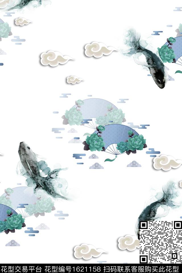 扇子水墨风牡丹数码印花花型下载（图片编号: 1621158） - 瓦栏（Walan）