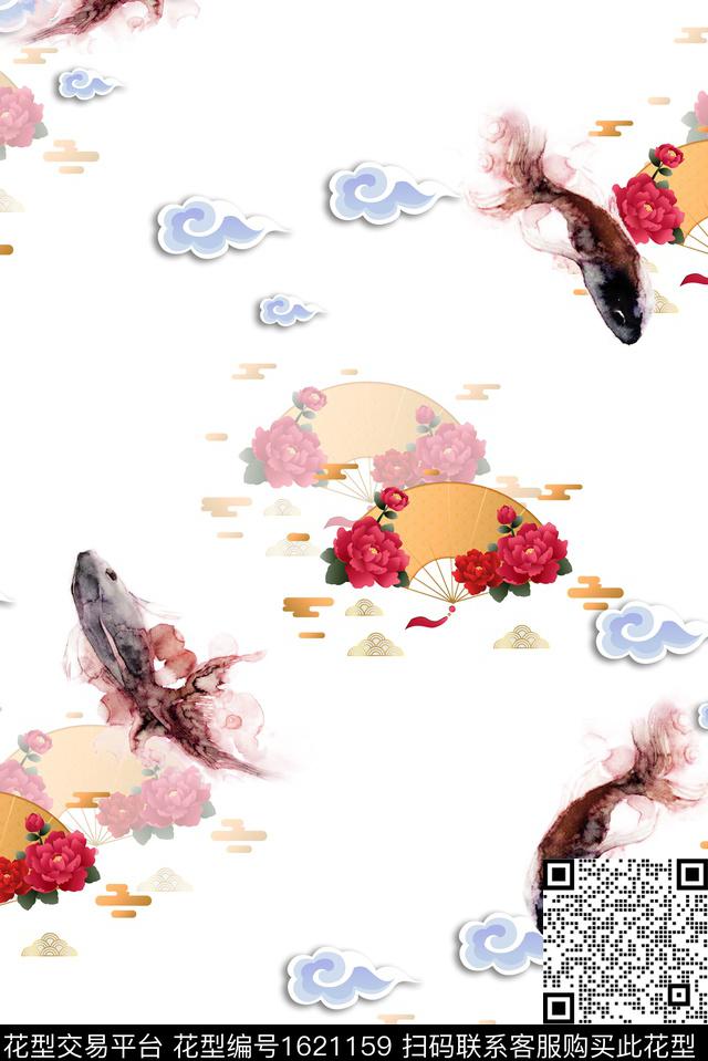 扇子中国风牡丹数码印花花型下载（图片编号: 1621159） - 瓦栏（Walan）