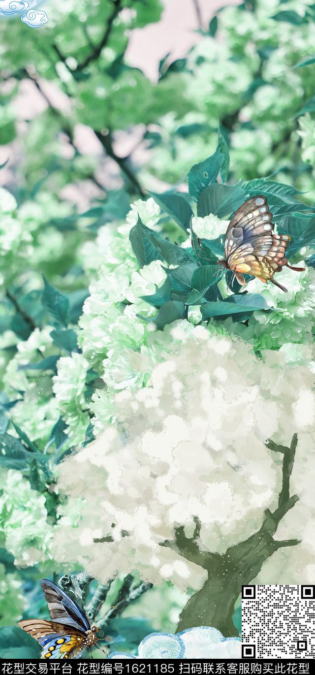 树蝴蝶朦胧花卉数码印花花型下载（图片编号: 1621185） - 瓦栏（Walan）