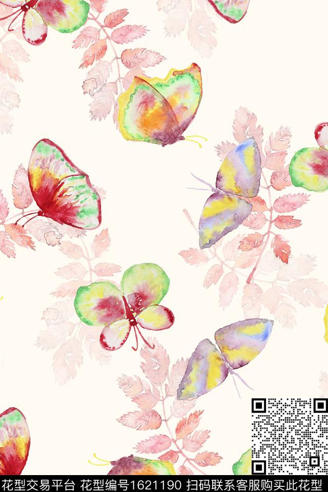 小清新蝴蝶水彩数码印花花型下载（图片编号: 1621190） - 瓦栏（Walan）