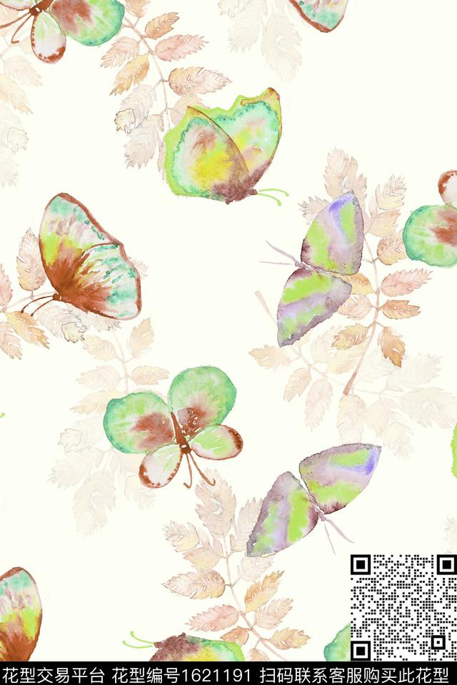 小清新蝴蝶水彩花卉数码印花花型下载（图片编号: 1621191） - 瓦栏（Walan）