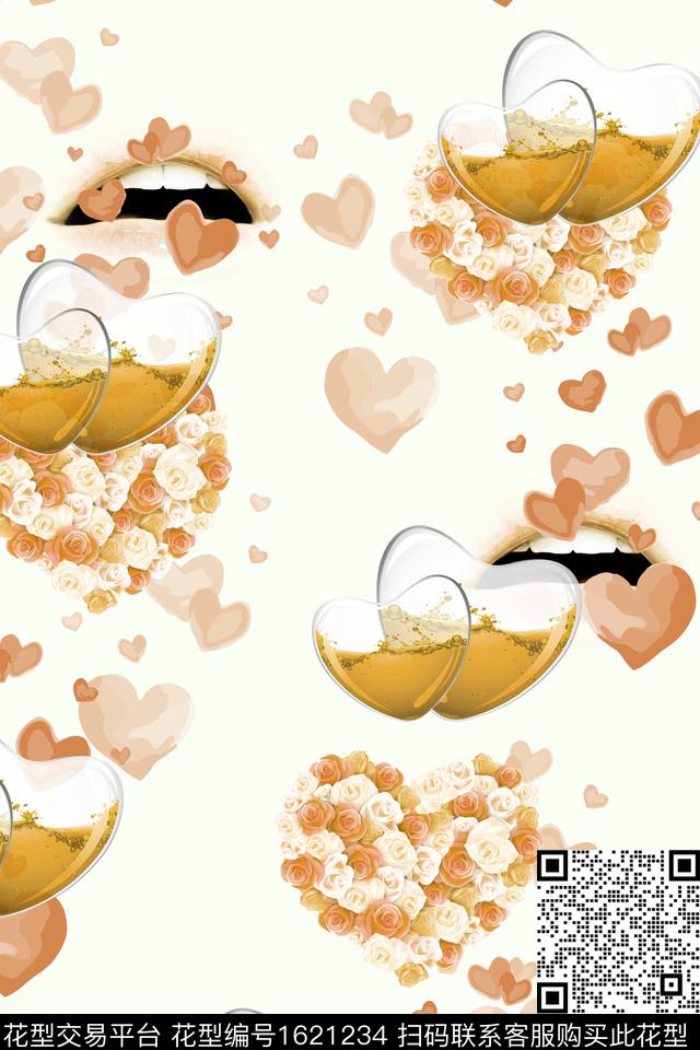 爱心红唇玫瑰花数码印花花型下载（图片编号: 1621234） - 瓦栏（Walan）