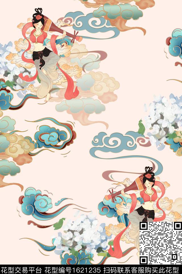 花卉祥云仕女数码印花花型下载（图片编号: 1621235） - 瓦栏（Walan）