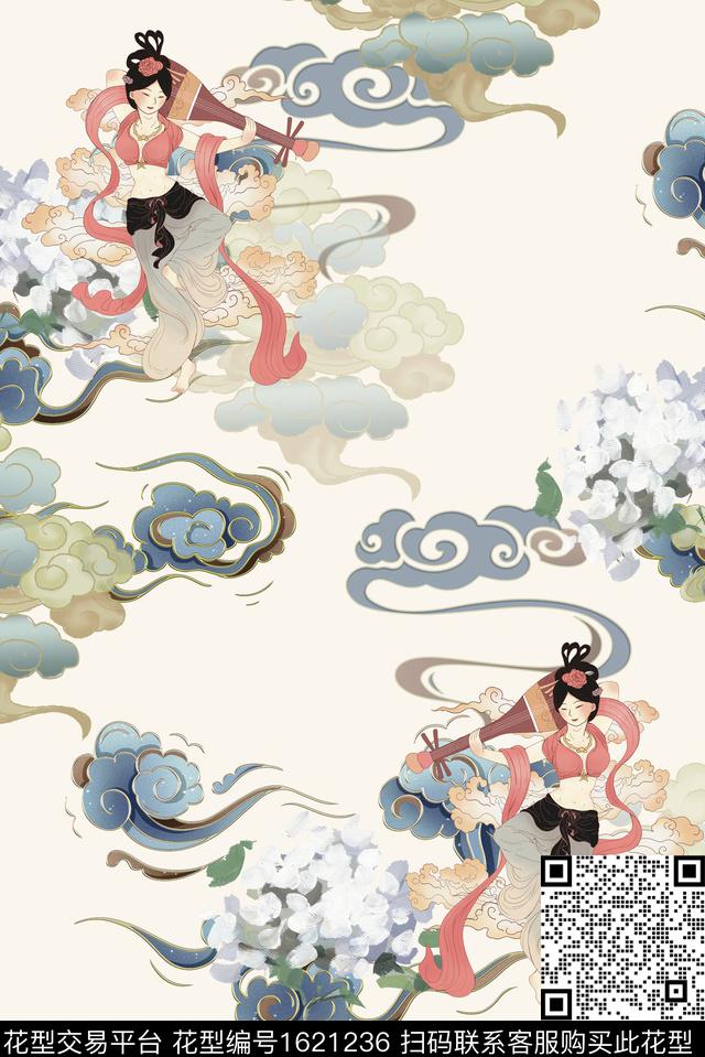 花卉祥云仕女数码印花花型下载（图片编号: 1621236） - 瓦栏（Walan）