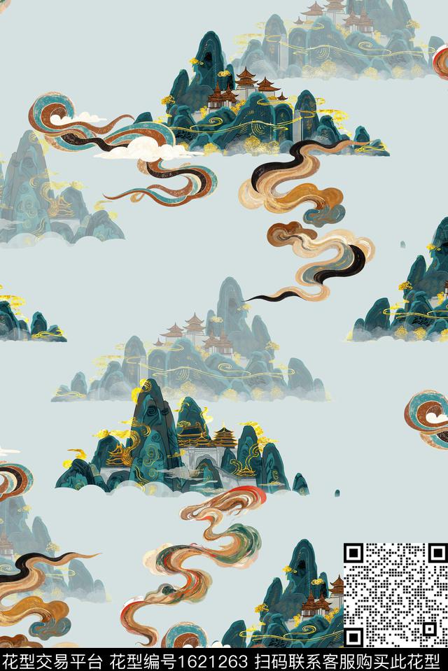 山川中国风祥云数码印花花型下载（图片编号: 1621263） - 瓦栏（Walan）