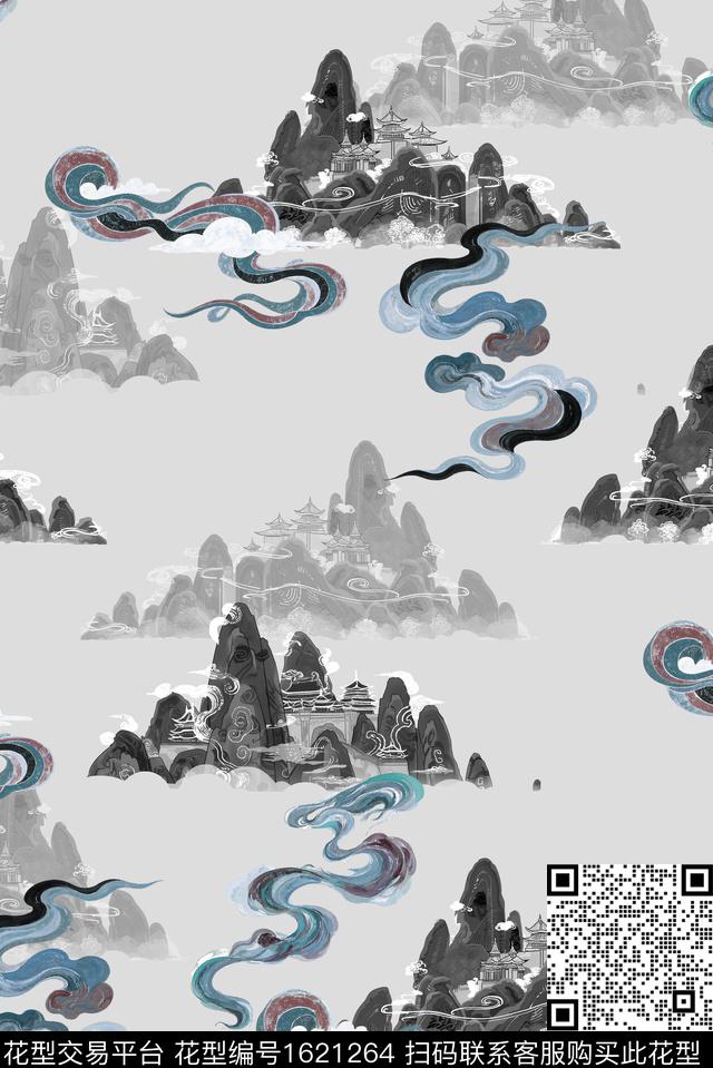 晕染肌理祥云山景数码印花花型下载（图片编号: 1621264） - 瓦栏（Walan）