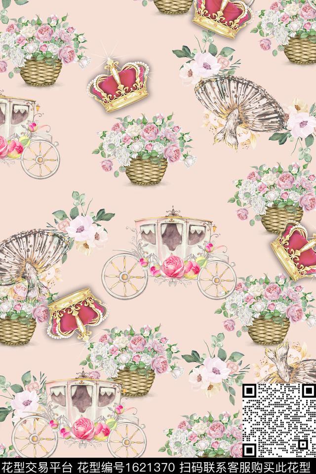 花卉马车皇冠数码印花花型下载（图片编号: 1621370） - 瓦栏（Walan）