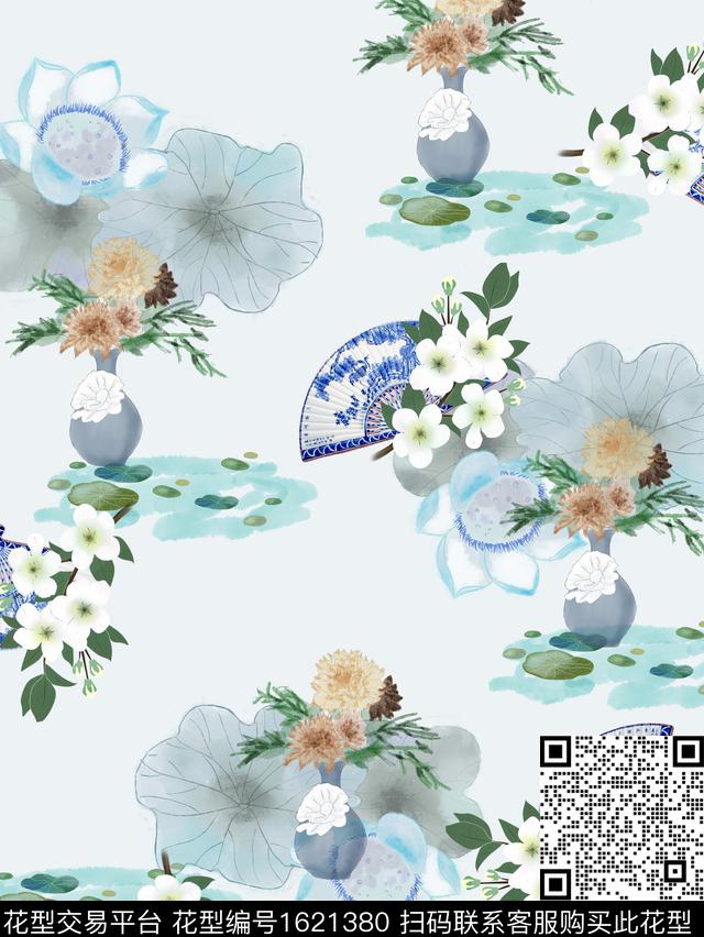 花卉青花瓷扇子数码印花花型下载（图片编号: 1621380） - 瓦栏（Walan）