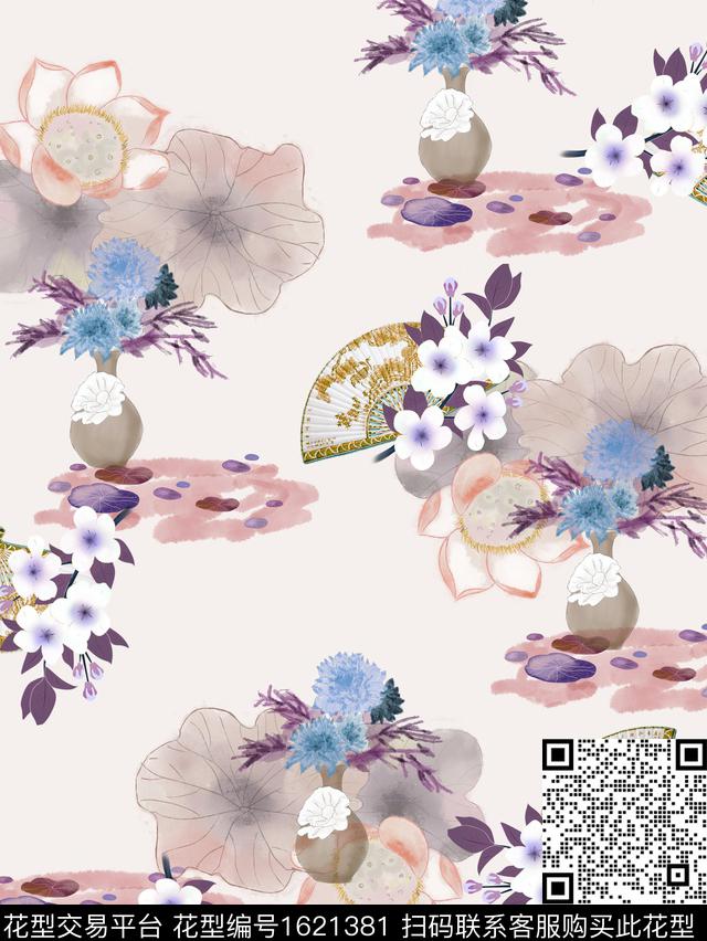 小清新小碎花扇子数码印花花型下载（图片编号: 1621381） - 瓦栏（Walan）