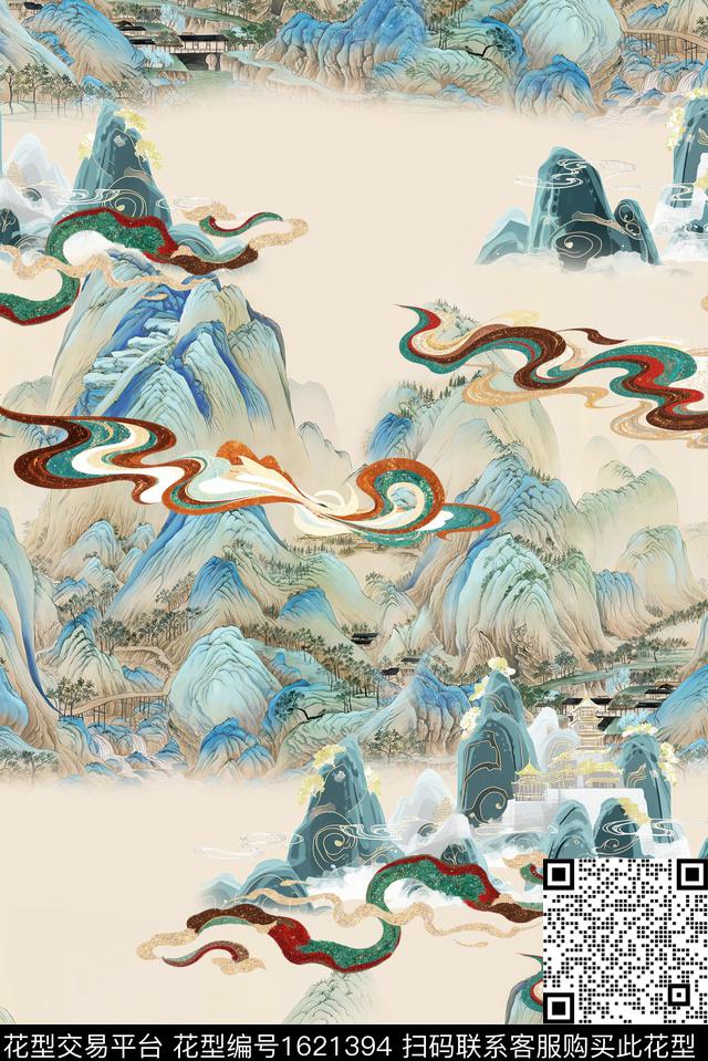 中国风山川国画数码印花花型下载（图片编号: 1621394） - 瓦栏（Walan）