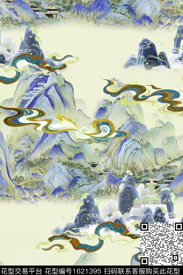 水墨风祥云国画数码印花花型下载（图片编号: 1621395） - 瓦栏（Walan）