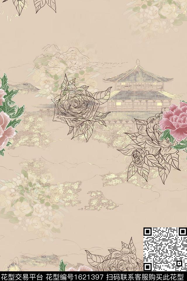 花卉中国风牡丹数码印花花型下载（图片编号: 1621397） - 瓦栏（Walan）