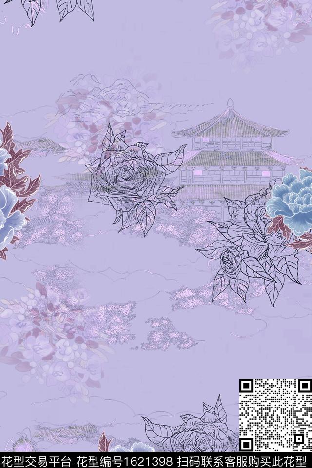 小碎花牡丹线条花卉数码印花花型下载（图片编号: 1621398） - 瓦栏（Walan）
