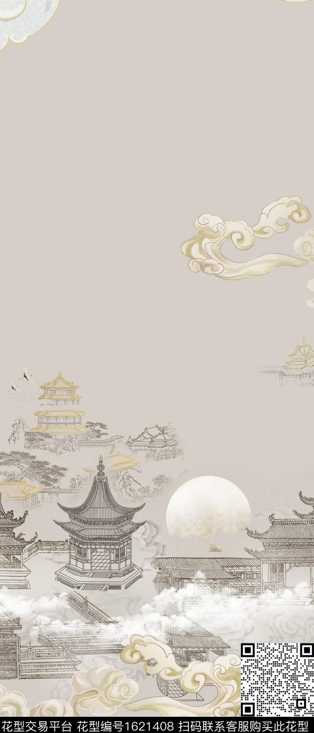 中国风祥云中式建筑数码印花花型下载（图片编号: 1621408） - 瓦栏（Walan）