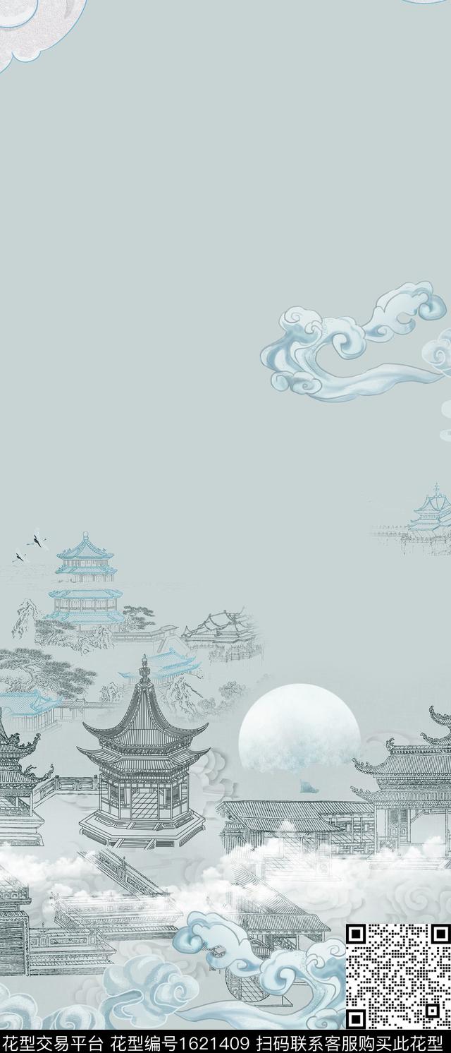 晕染肌理线条画祥云数码印花花型下载（图片编号: 1621409） - 瓦栏（Walan）
