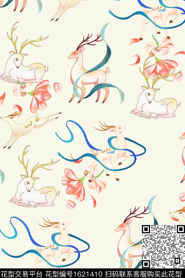 花卉水彩花卉九色鹿数码印花花型下载（图片编号: 1621410） - 瓦栏（Walan）