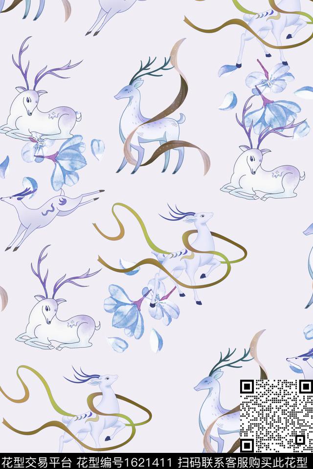 卡通人物水彩花卉九色鹿数码印花花型下载（图片编号: 1621411） - 瓦栏（Walan）
