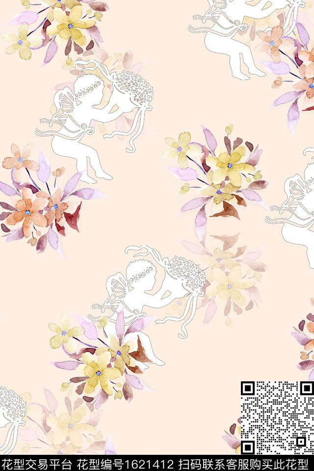 剪影花卉天使数码印花花型下载（图片编号: 1621412） - 瓦栏（Walan）