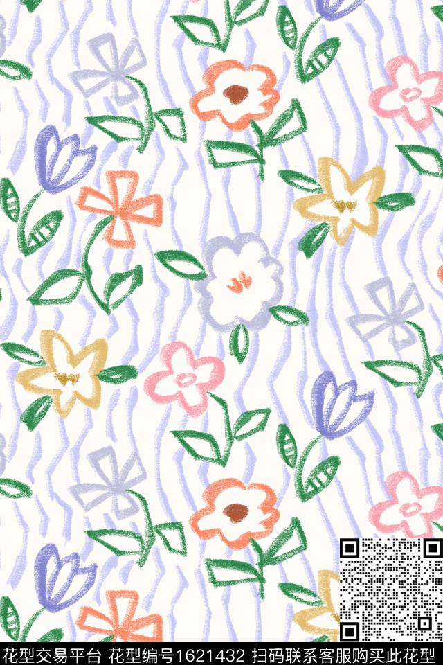 小清新线条花卉条纹数码印花花型下载（图片编号: 1621432） - 瓦栏（Walan）