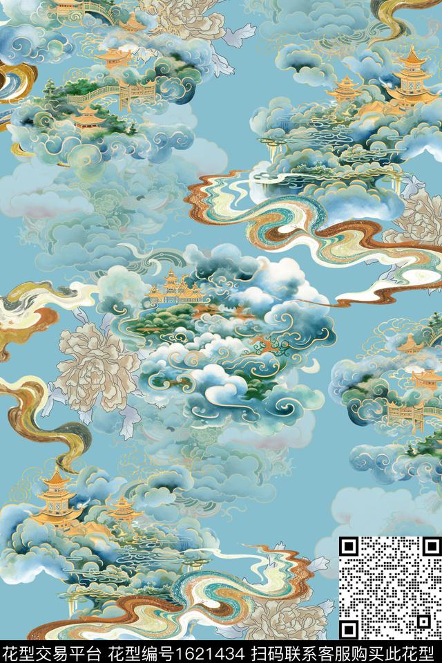 祥云中国风风景景观数码印花花型下载（图片编号: 1621434） - 瓦栏（Walan）