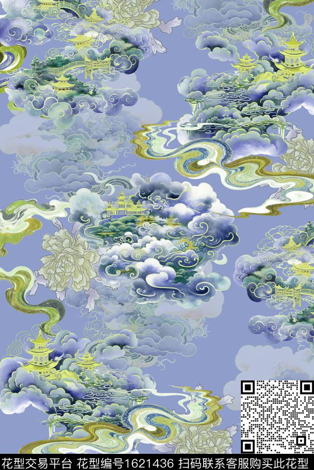 晕染肌理祥云国画数码印花花型下载（图片编号: 1621436） - 瓦栏（Walan）