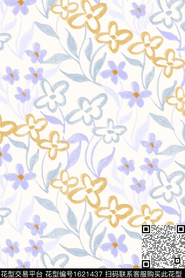 小清新花卉线条花卉数码印花花型下载（图片编号: 1621437） - 瓦栏（Walan）