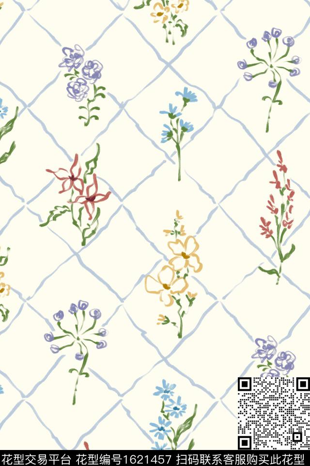 小清新格子线条花卉数码印花花型下载（图片编号: 1621457） - 瓦栏（Walan）