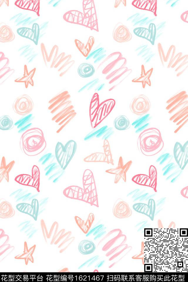 小清新爱心笔触数码印花花型下载（图片编号: 1621467） - 瓦栏（Walan）