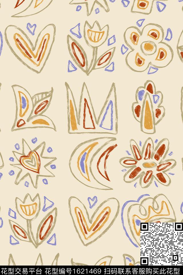 线条花卉趣味爱心数码印花花型下载（图片编号: 1621469） - 瓦栏（Walan）