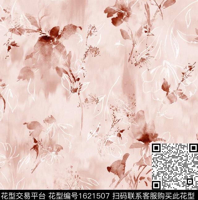 花卉水彩花卉线条花卉数码印花花型下载（图片编号: 1621507） - 瓦栏（Walan）