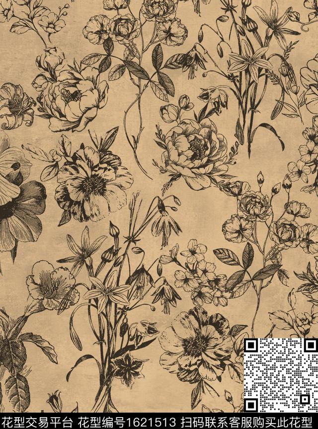植物花卉线条花卉数码印花花型下载（图片编号: 1621513） - 瓦栏（Walan）