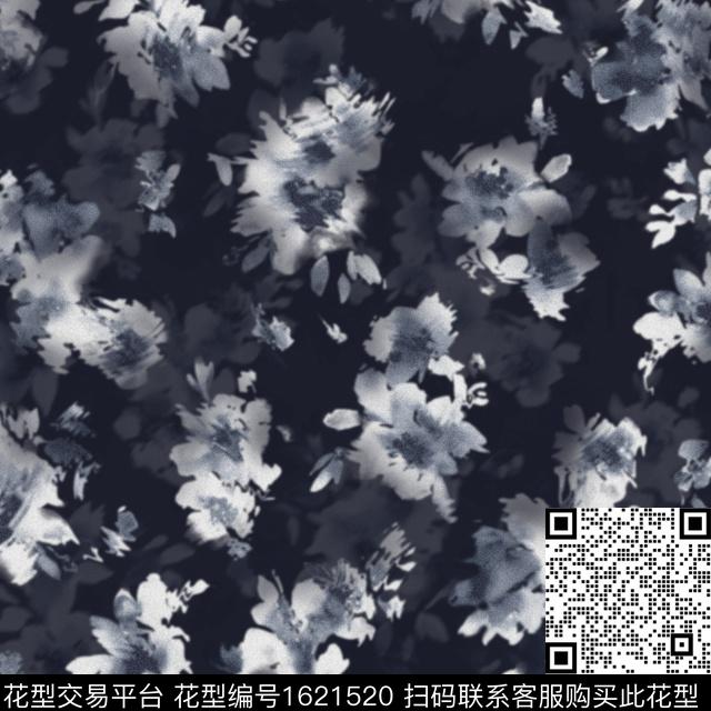 花卉模糊花卉黑白花型数码印花花型下载（图片编号: 1621520） - 瓦栏（Walan）