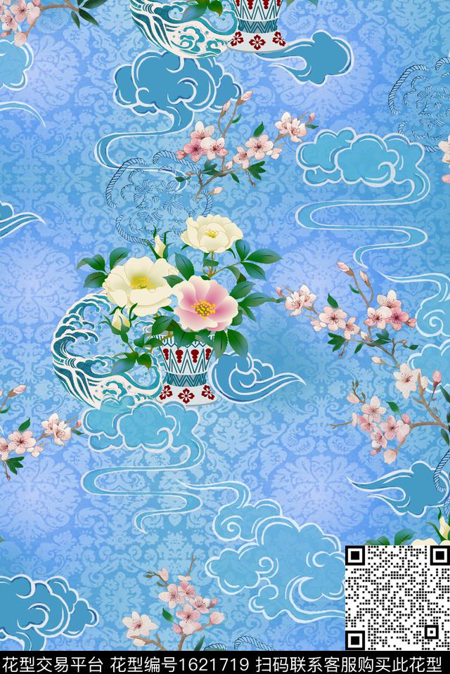 中国风花卉祥云数码印花花型下载（图片编号: 1621719） - 瓦栏（Walan）