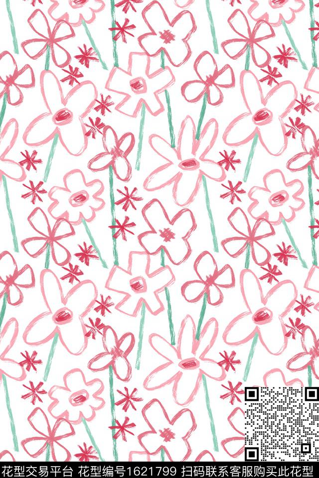 花卉线条花卉满版散花数码印花花型下载（图片编号: 1621799） - 瓦栏（Walan）