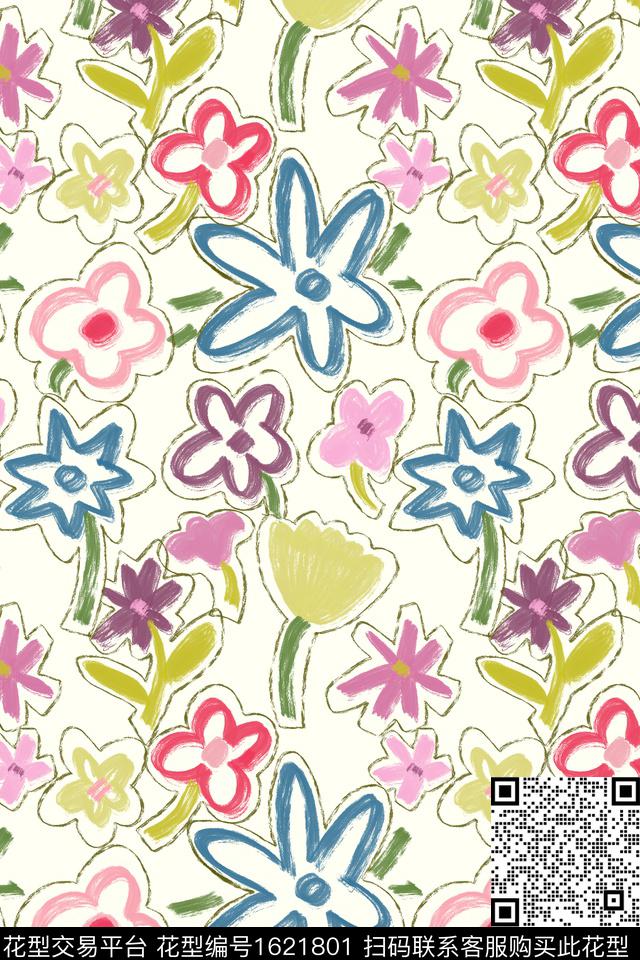 花卉线条花卉手绘数码印花花型下载（图片编号: 1621801） - 瓦栏（Walan）