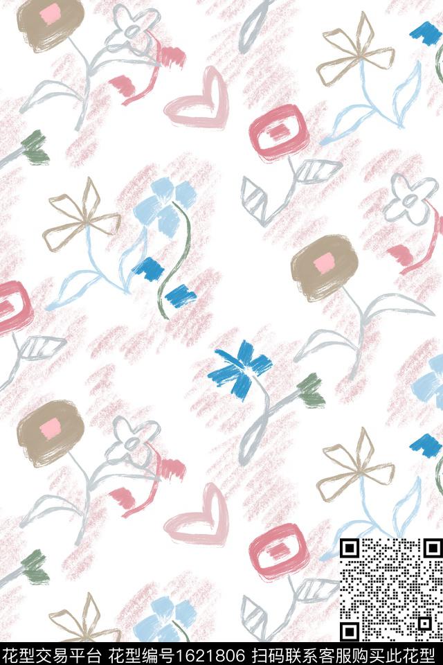 小清新爱心花卉数码印花花型下载（图片编号: 1621806） - 瓦栏（Walan）