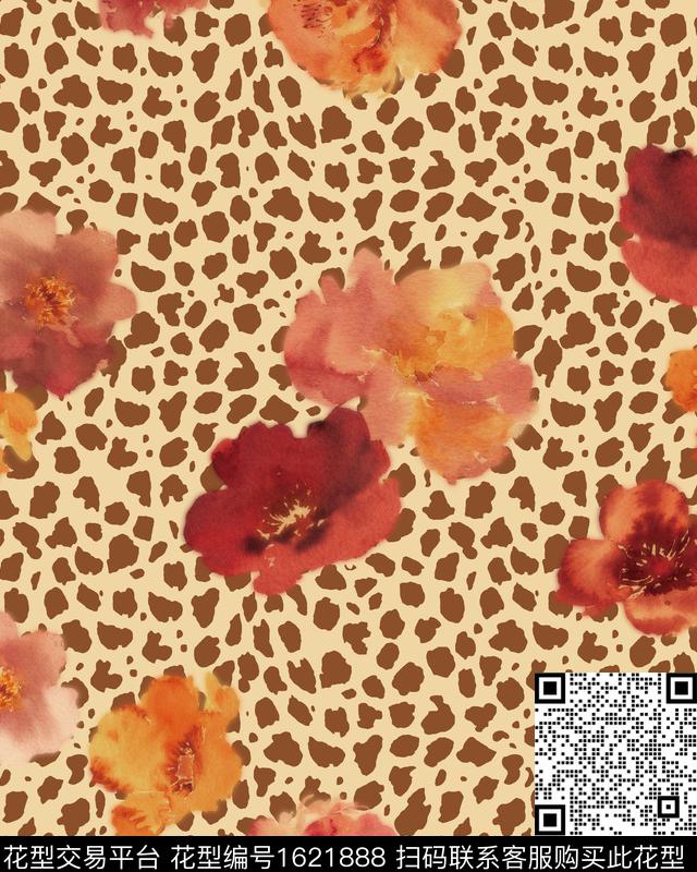 豹纹花卉水彩花卉数码印花花型下载（图片编号: 1621888） - 瓦栏（Walan）