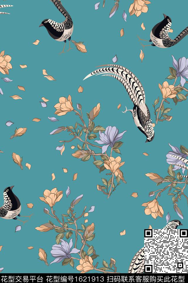 鸟花卉中国风数码印花花型下载（图片编号: 1621913） - 瓦栏（Walan）