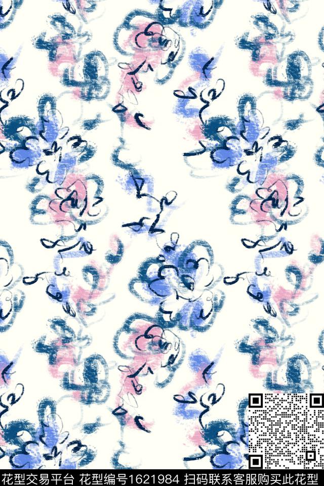 小清新清爽底花卉线条花卉数码印花花型下载（图片编号: 1621984） - 瓦栏（Walan）